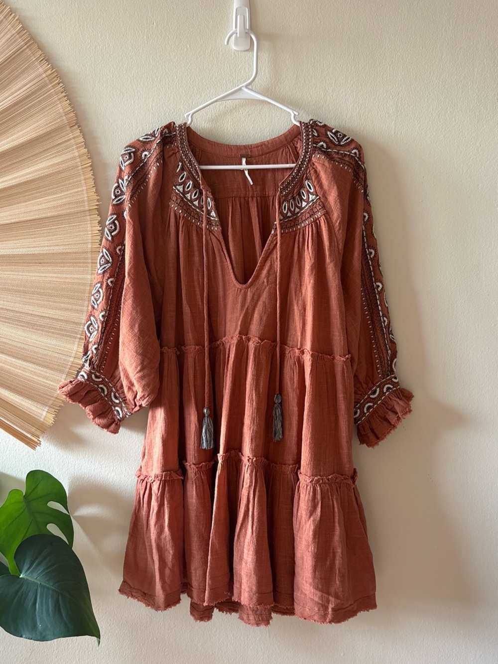 FREE PEOPLE Boho Orange Tiered Peasant Dress with Floral Embroidery